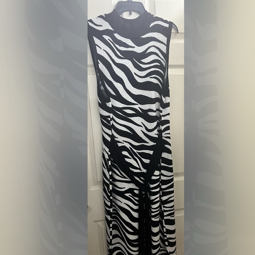Zebra print sleeveless heavy knit mock neck sweater dress